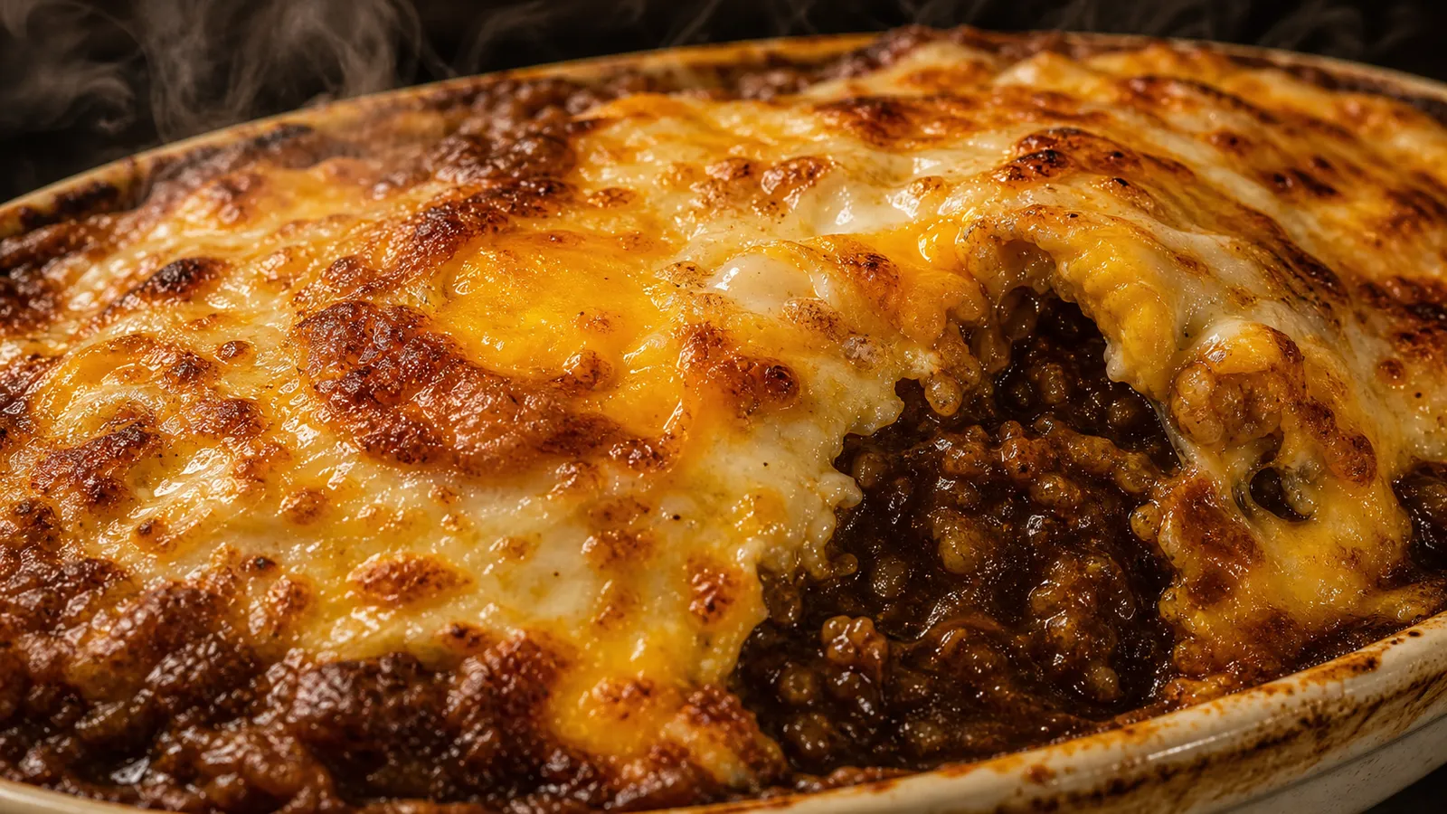 Close-up of yaki-curry with browned cheese crust and baked egg