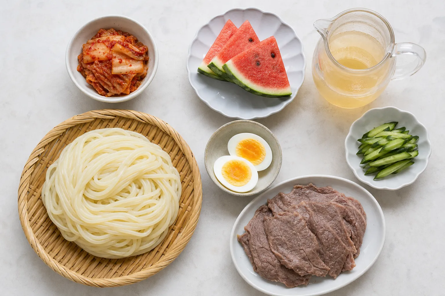 Reimen ingredients including translucent noodles and cold broth