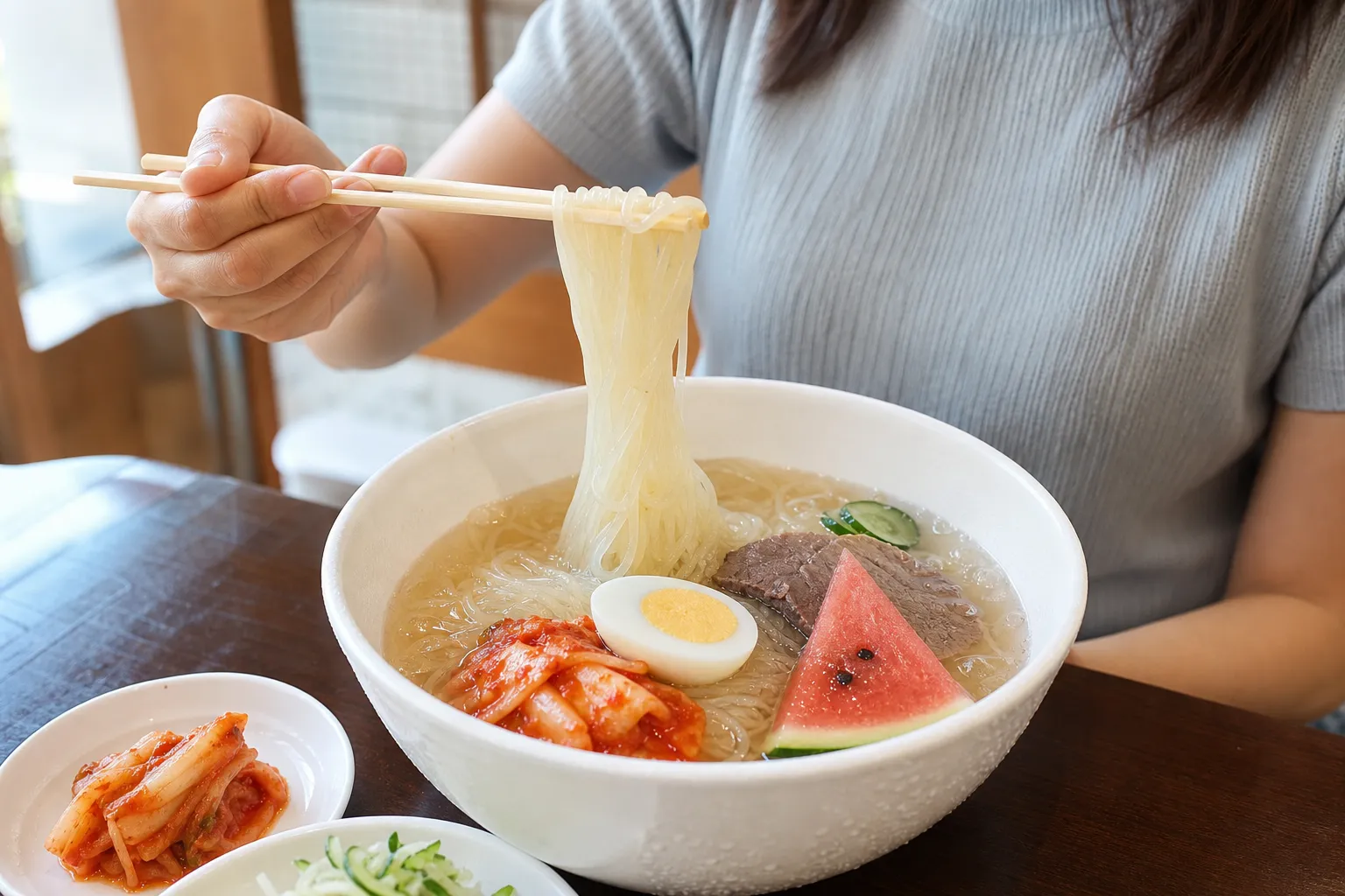 Morioka reimen in a bowl with kimchi, egg, and watermelon on a summer day