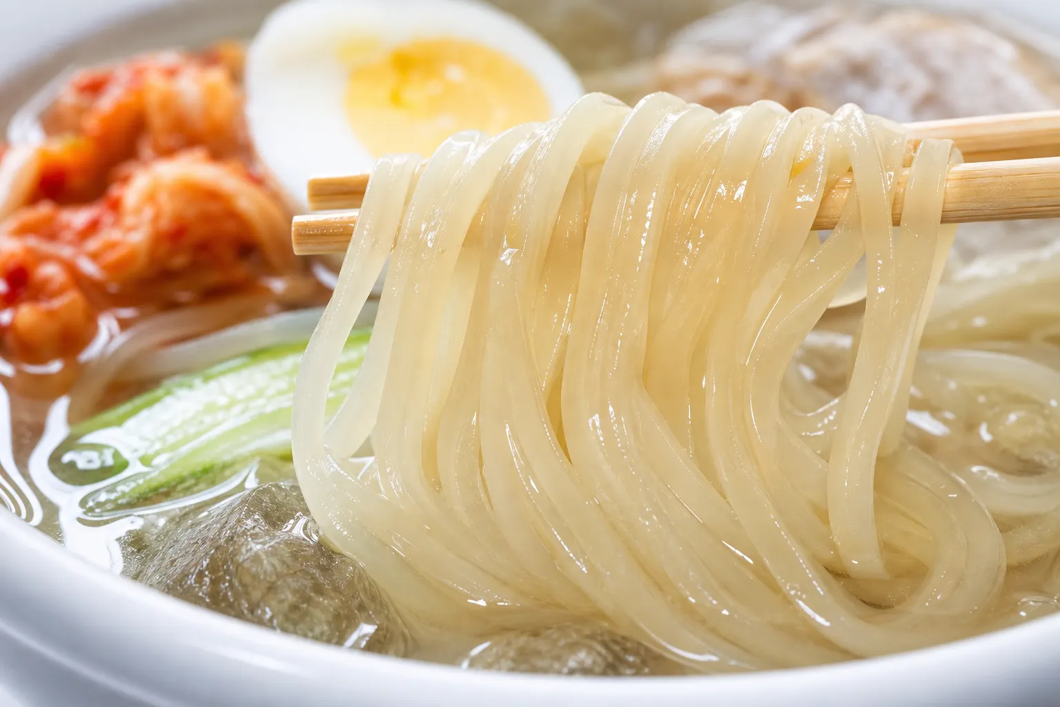 Close-up of translucent reimen noodles with their distinctive springy texture