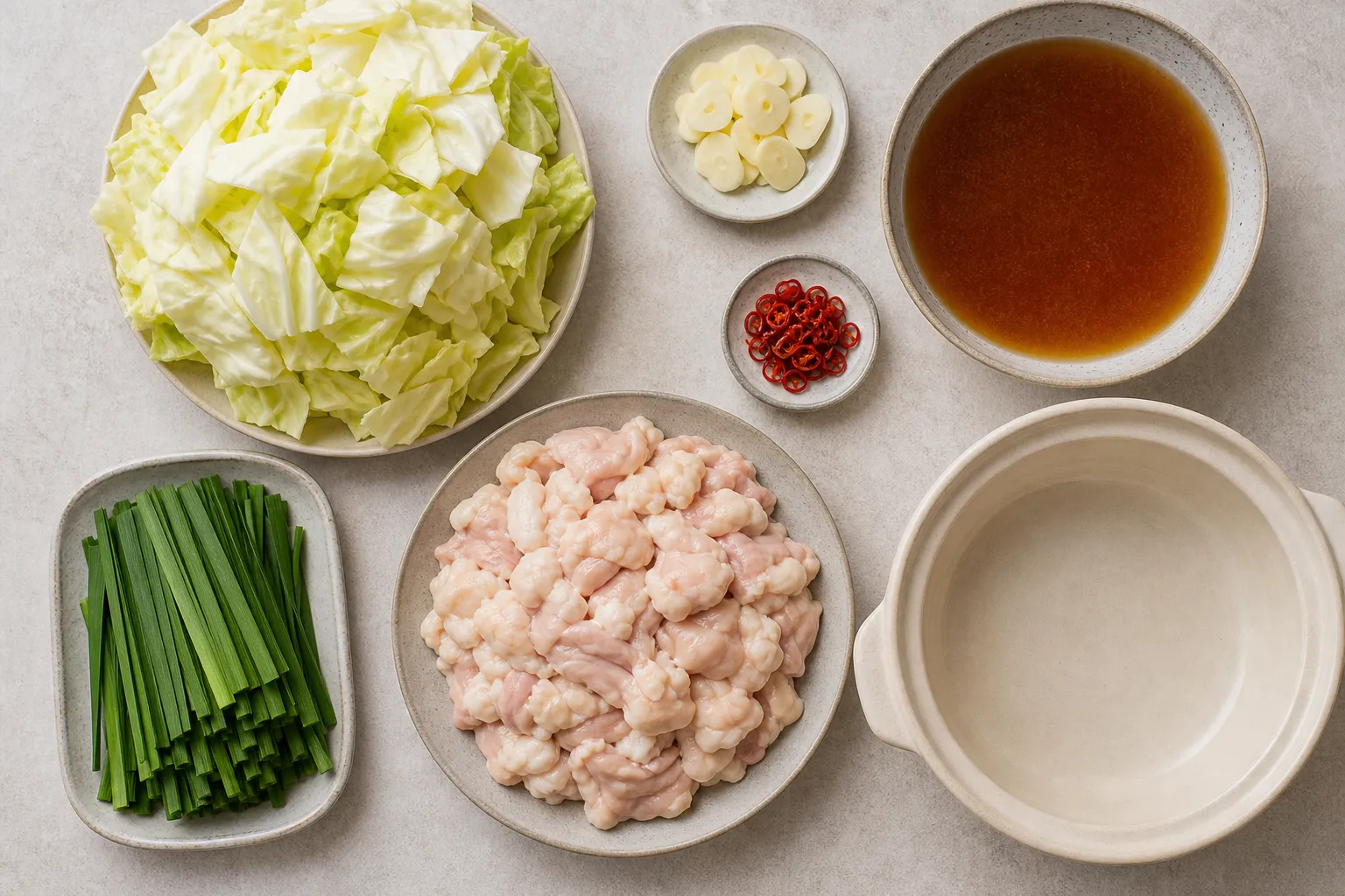 Offal, cabbage, garlic chives, sliced garlic and chili laid out around a shallow pot for making Hakata motsunabe