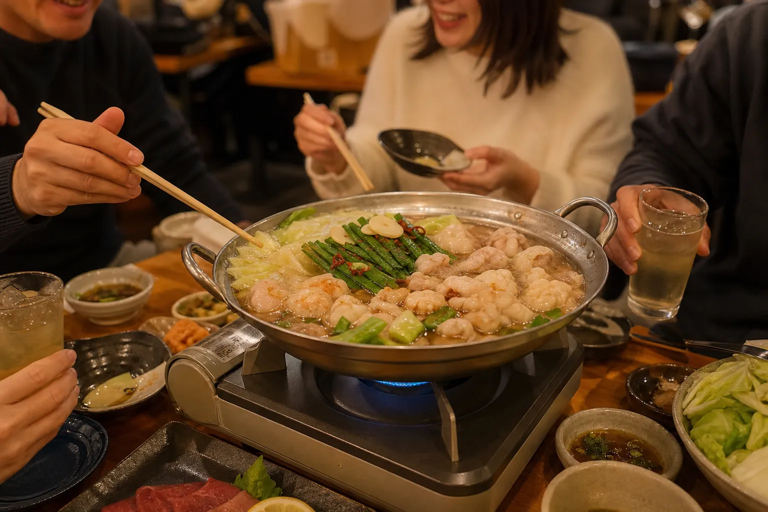 A bubbling pot of Hakata motsunabe with offal, cabbage and garlic chives on a portable burner shared at an izakaya table
