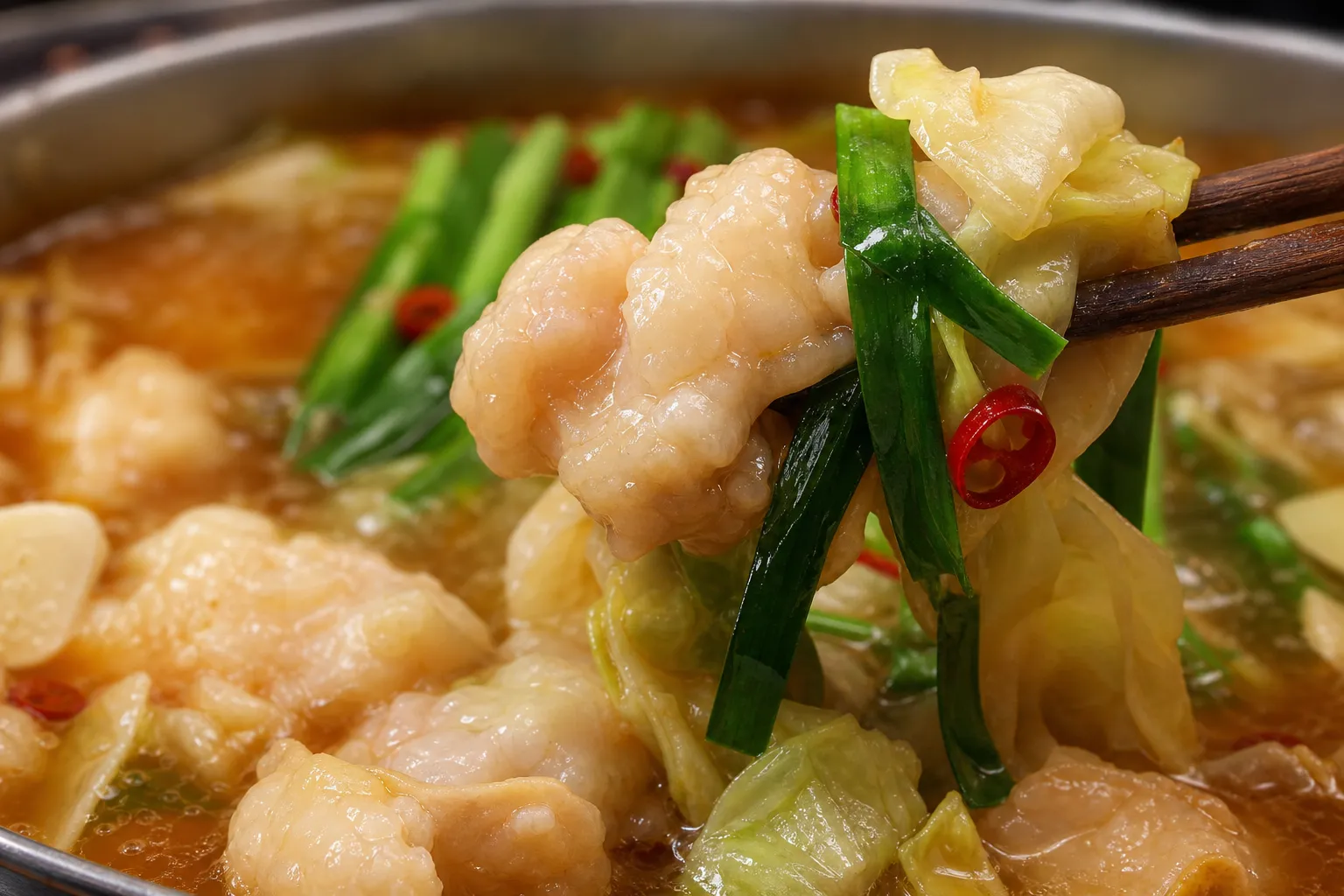 Close-up of tender offal, cabbage and garlic chives lifted from a garlicky soy motsunabe broth