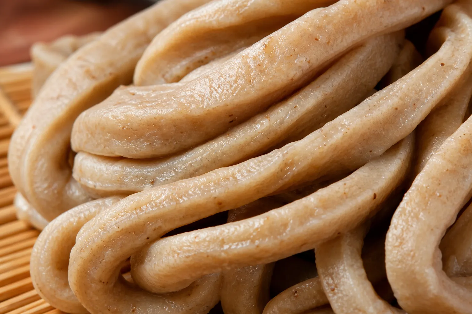 Close-up of thick chewy Musashino udon noodles