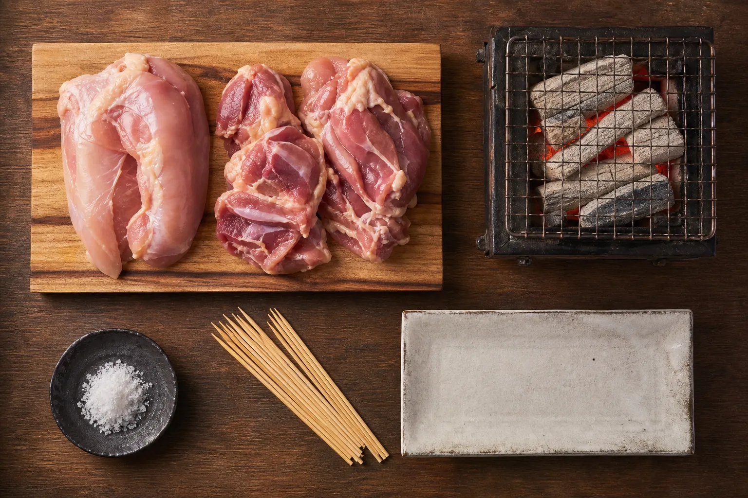Raw Nagoya Cochin pieces, skewers, and a charcoal grill
