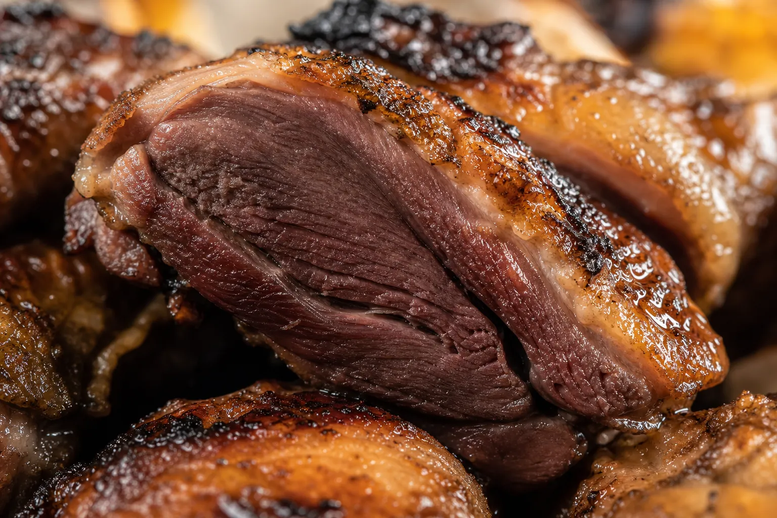 Close-up of firm charcoal-grilled Nagoya Cochin dark meat