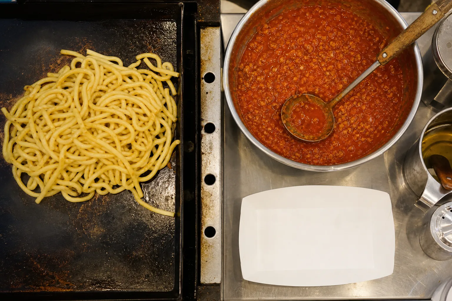 Griddling the noodles and topping with tomato meat sauce