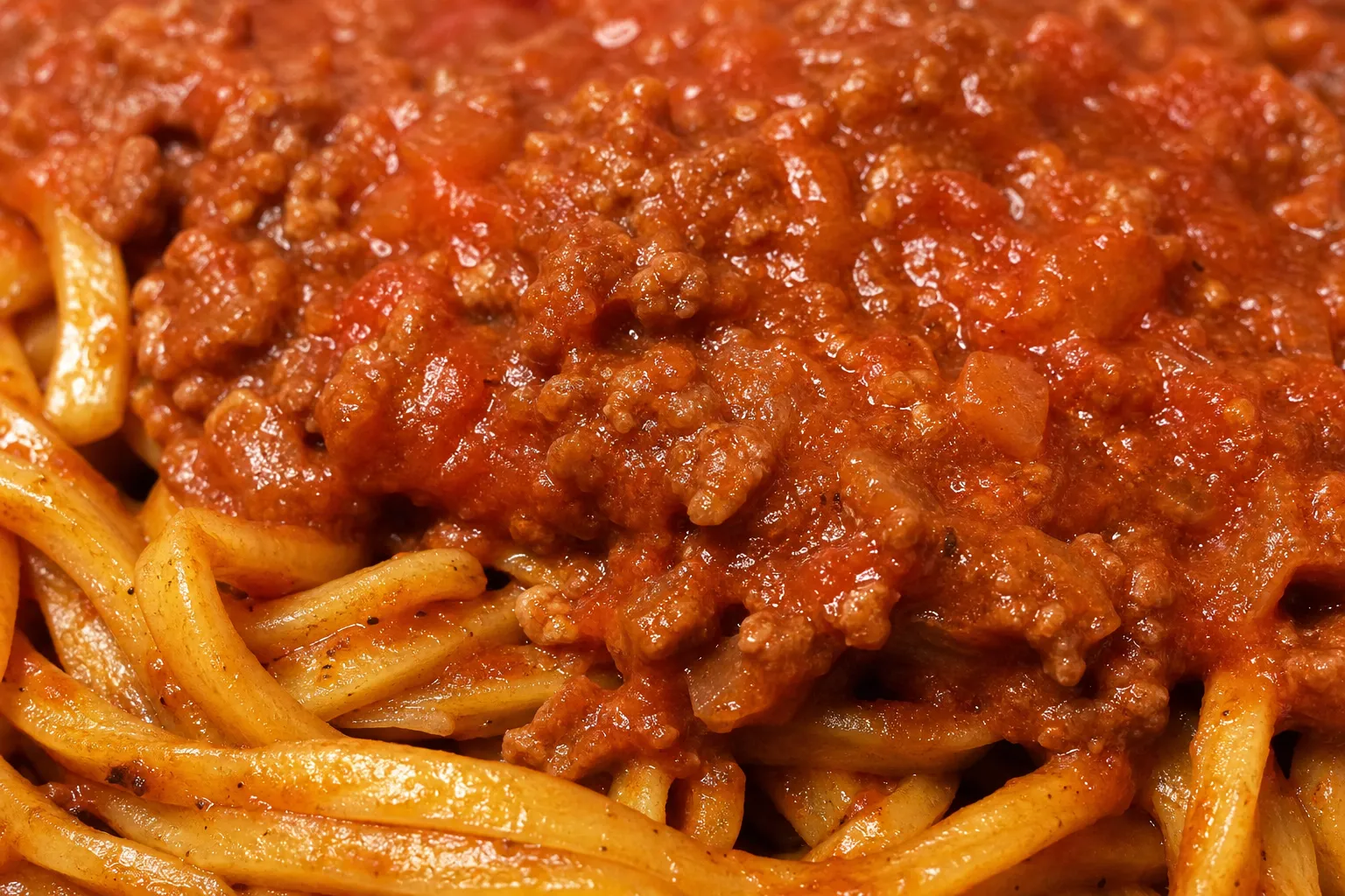 Close-up of thick griddled noodles under tomato meat sauce