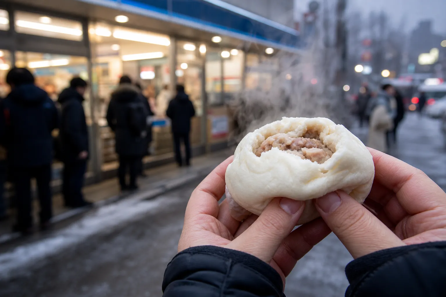 A person holding a warm nikuman steamed bun on a cold winter day outside a Japanese convenience store