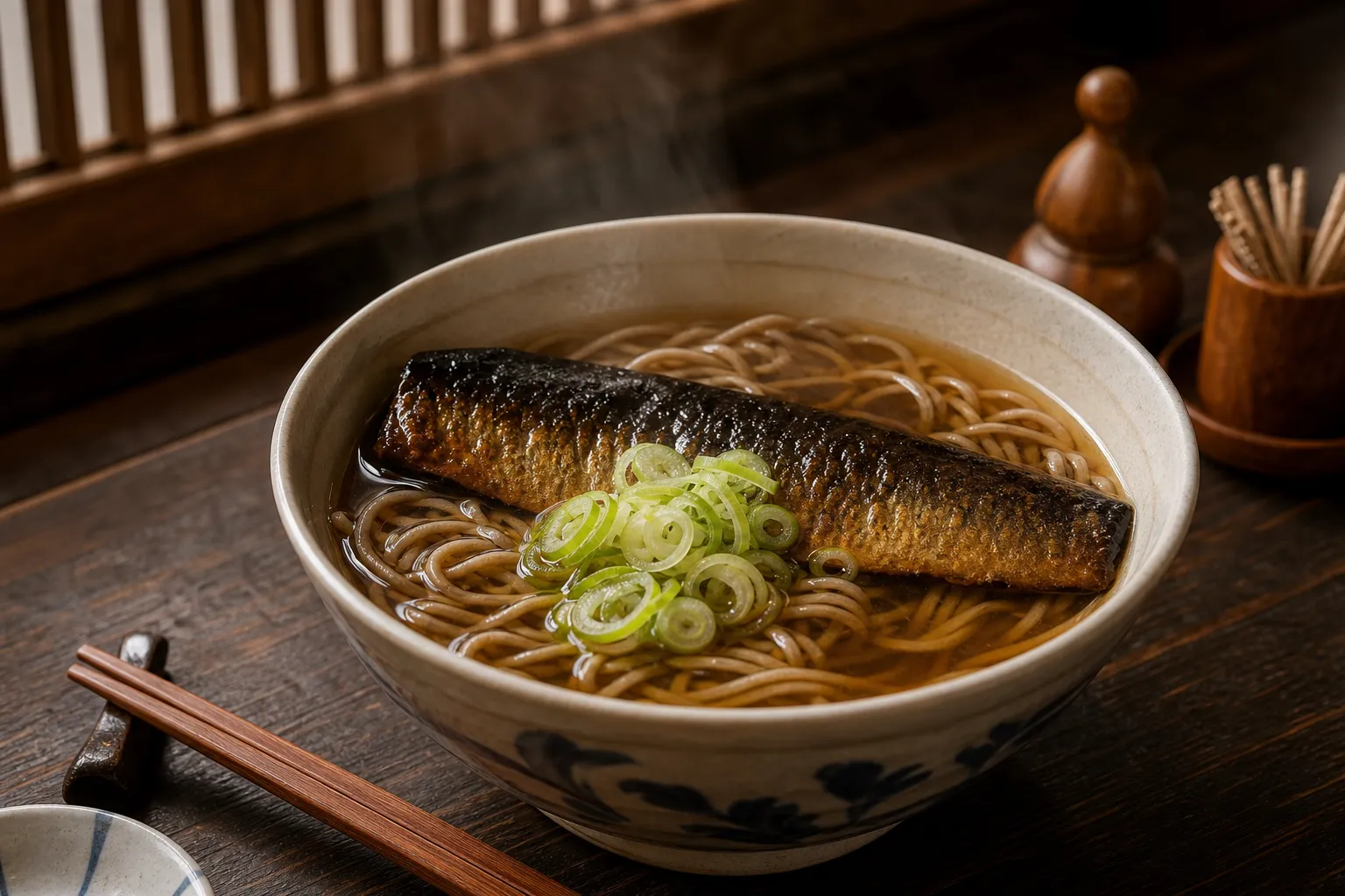 A bowl of nishin soba in a classic Kyoto soba house