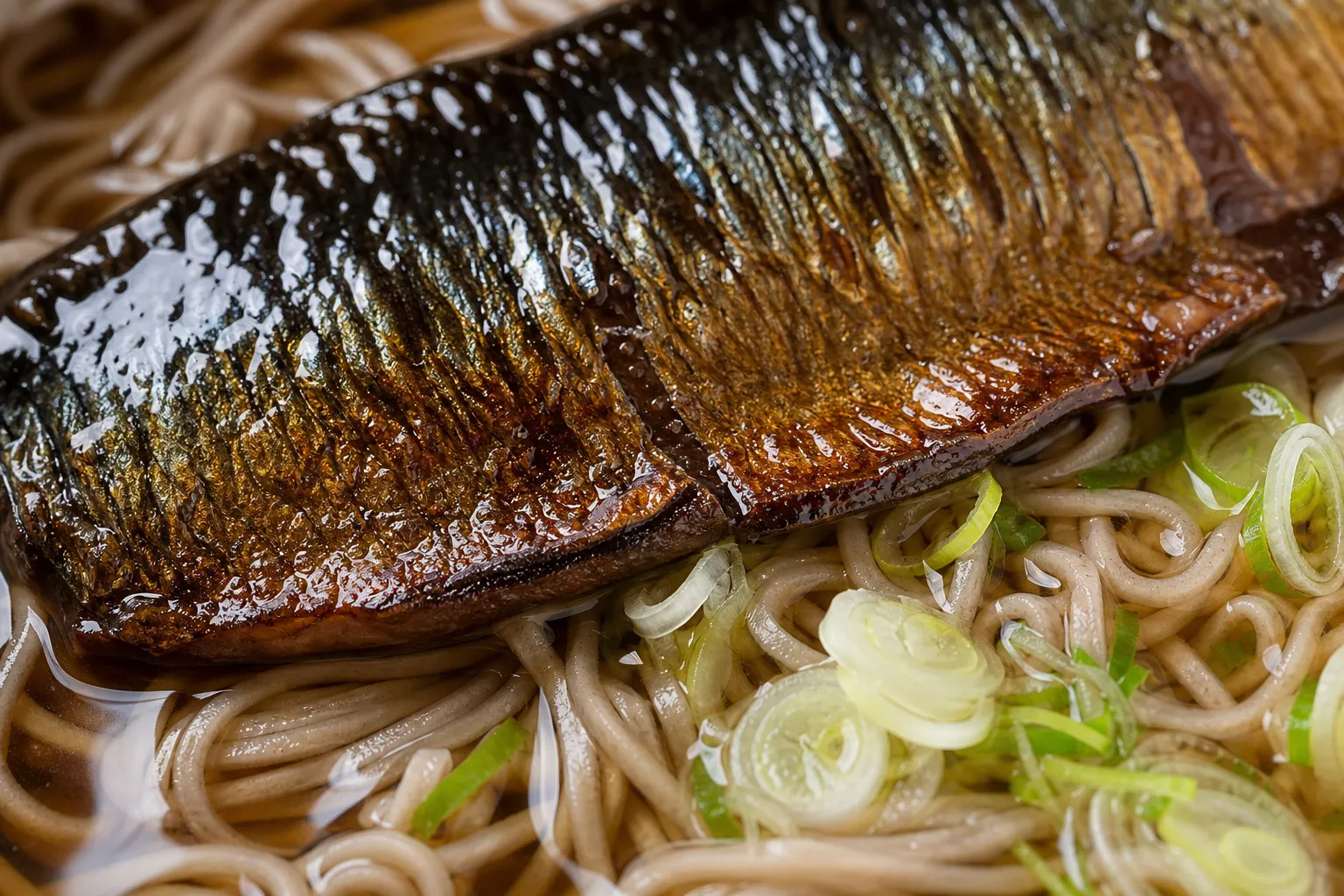 Close-up of the glossy simmered herring on soba