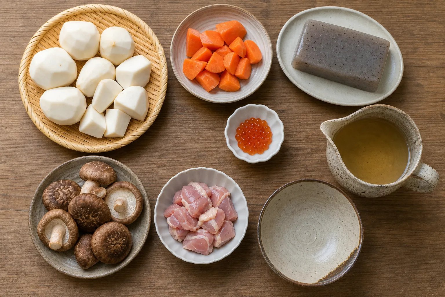 Ingredients for noppe laid out: cubed taro, carrot, konnyaku, shiitake mushrooms, chicken, and dashi broth