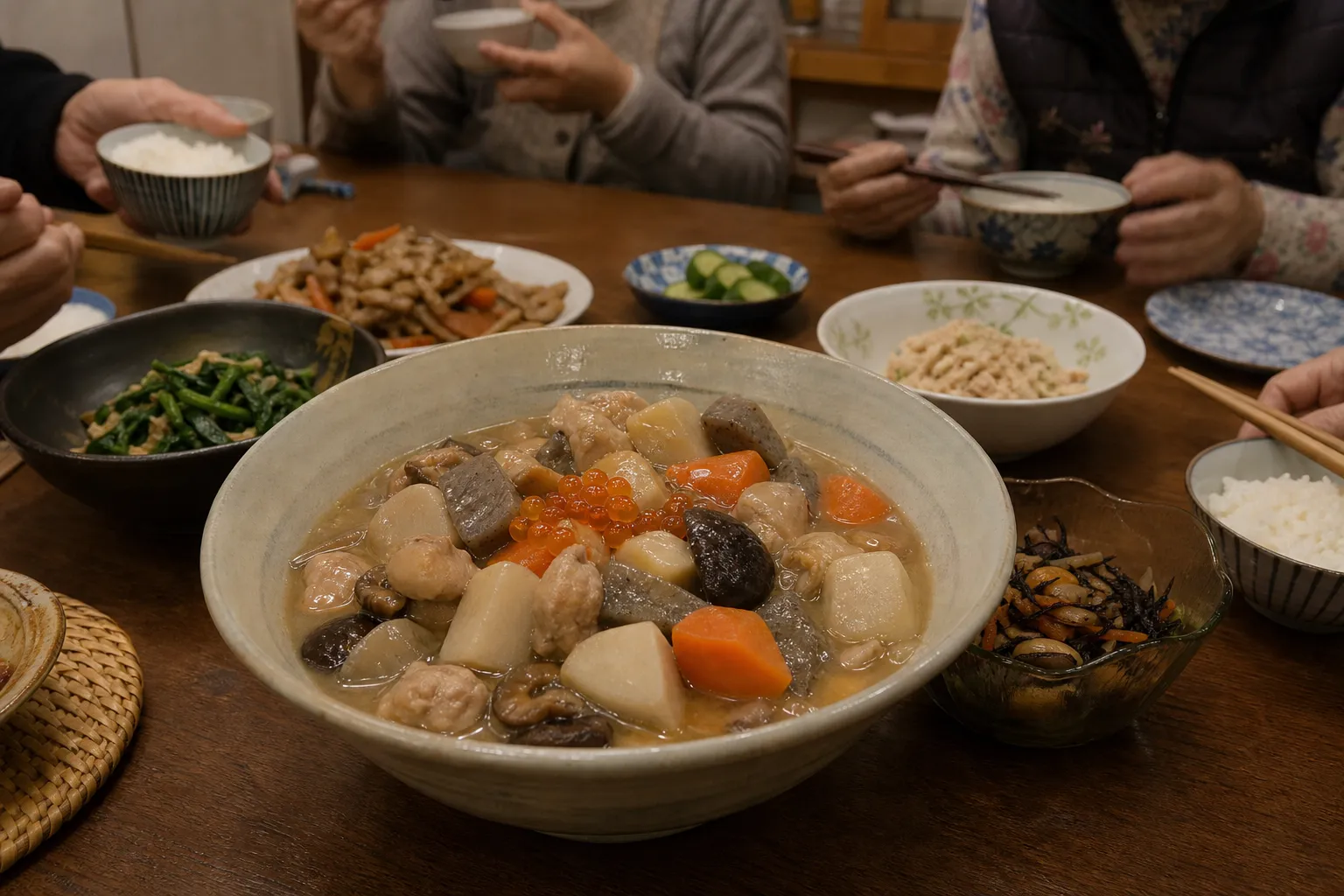 A bowl of noppe stew served at a home dining table in Niigata, thick broth with taro, carrot, and salmon visible