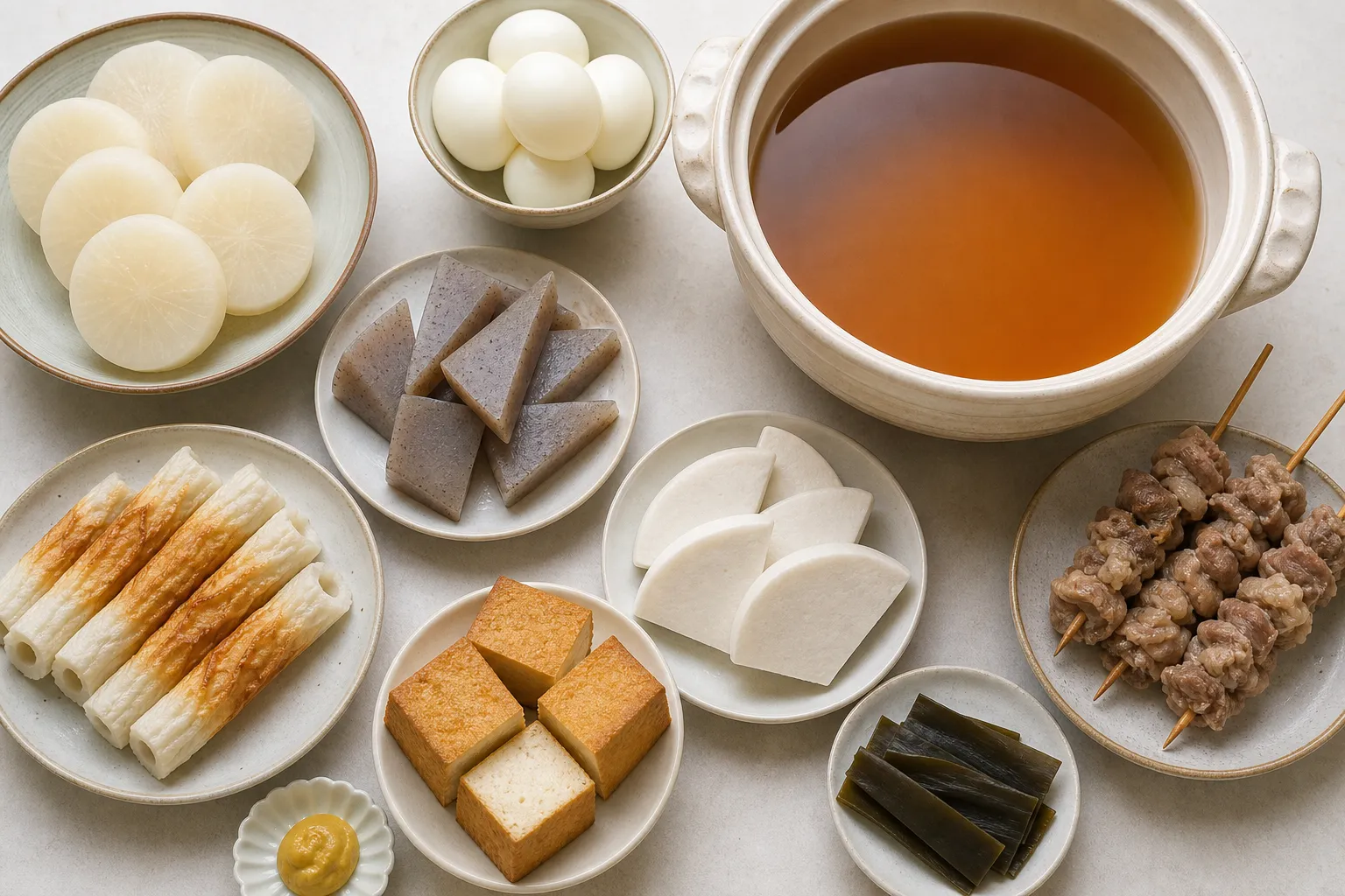 Daikon, eggs, konnyaku, chikuwa and other fish cakes laid out with clear dashi to make oden