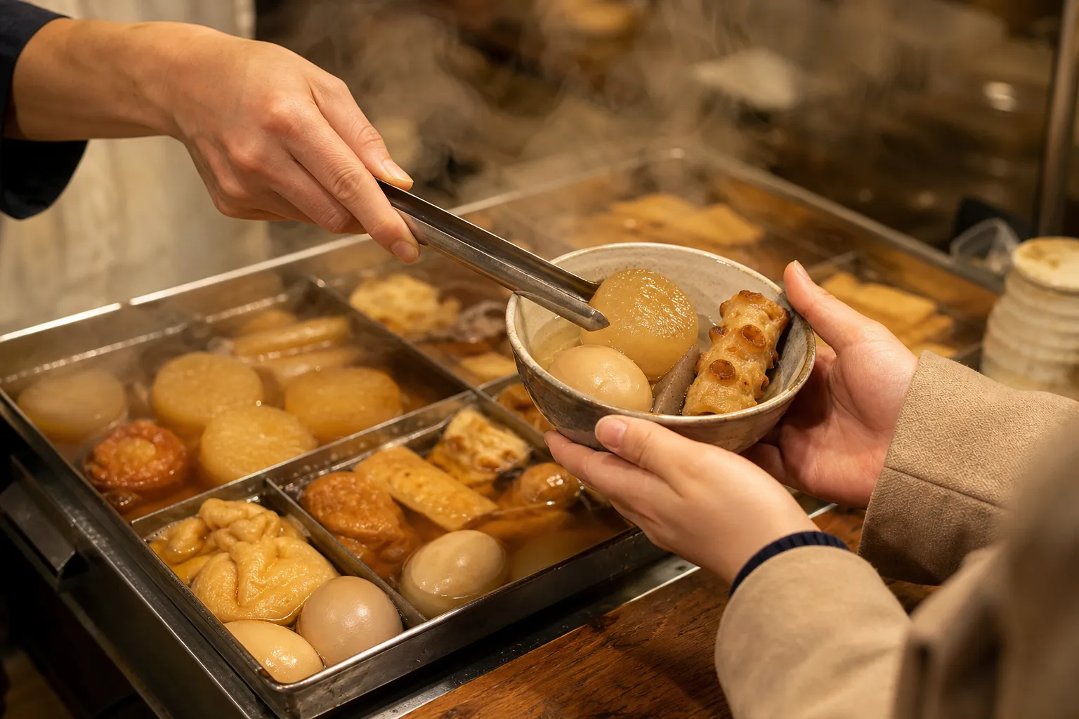 A steaming pot of oden with daikon, egg, konnyaku and fish cakes in clear broth