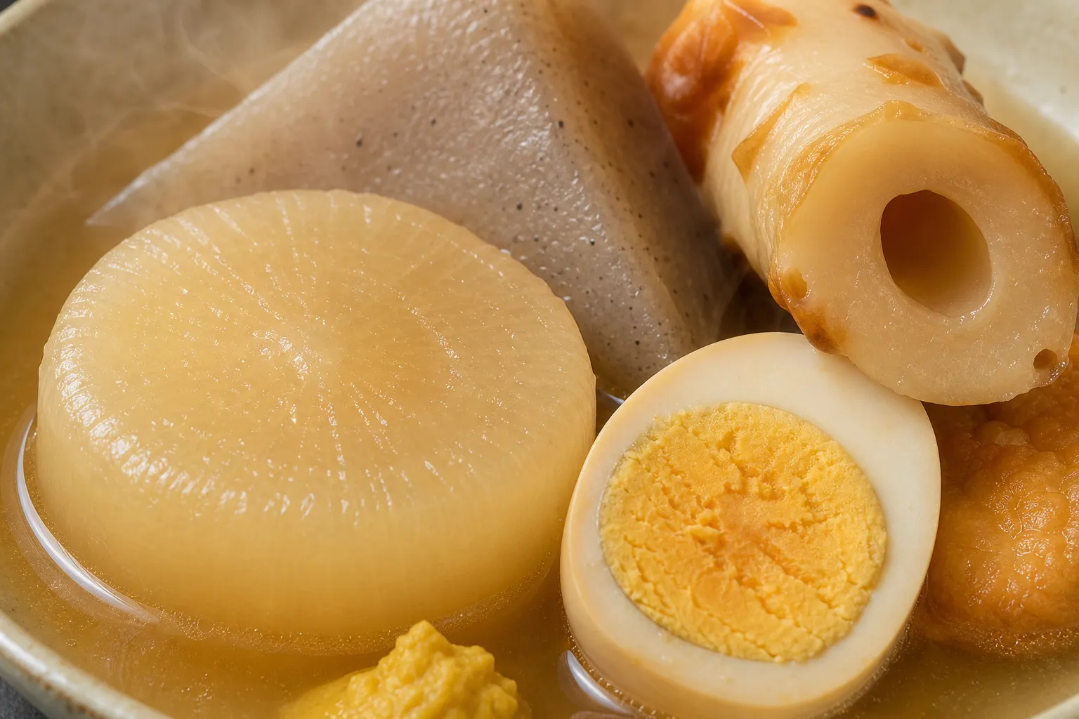 Close-up of a piece of daikon and a boiled egg soaked in clear oden dashi broth