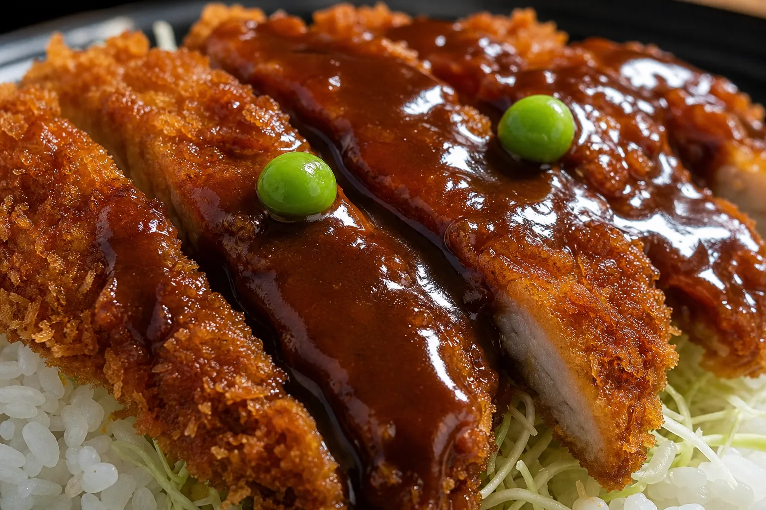 Close-up of the pork cutlet under glossy demi-glace with green peas