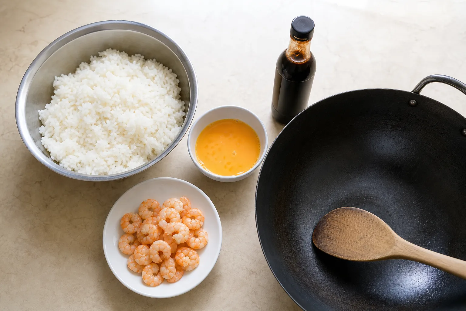 Flat lay of ebimeshi ingredients: cooked rice, small peeled shrimp, a bottle of Worcestershire-style sauce, and a beaten egg