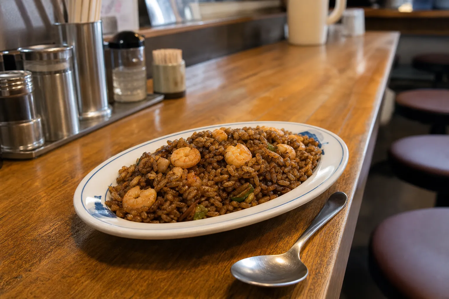 A plate of Okayama ebimeshi served at a casual local diner counter