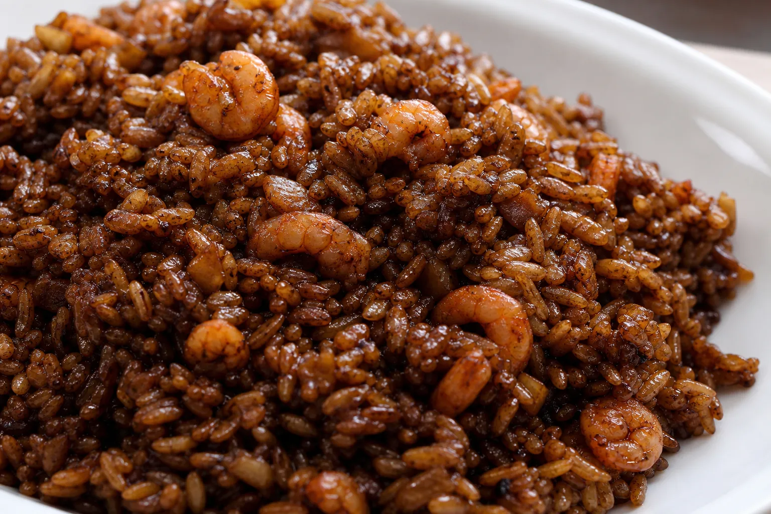 Close-up of dark brown-black Okayama ebimeshi fried rice grains with small shrimp