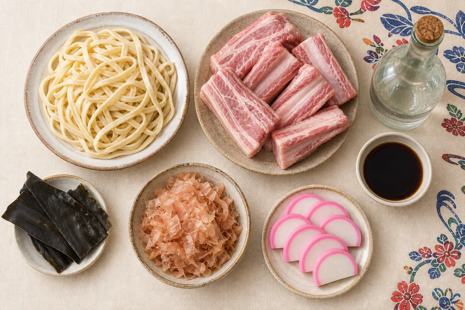 Okinawa soba ingredients: pork, noodles, bonito dashi