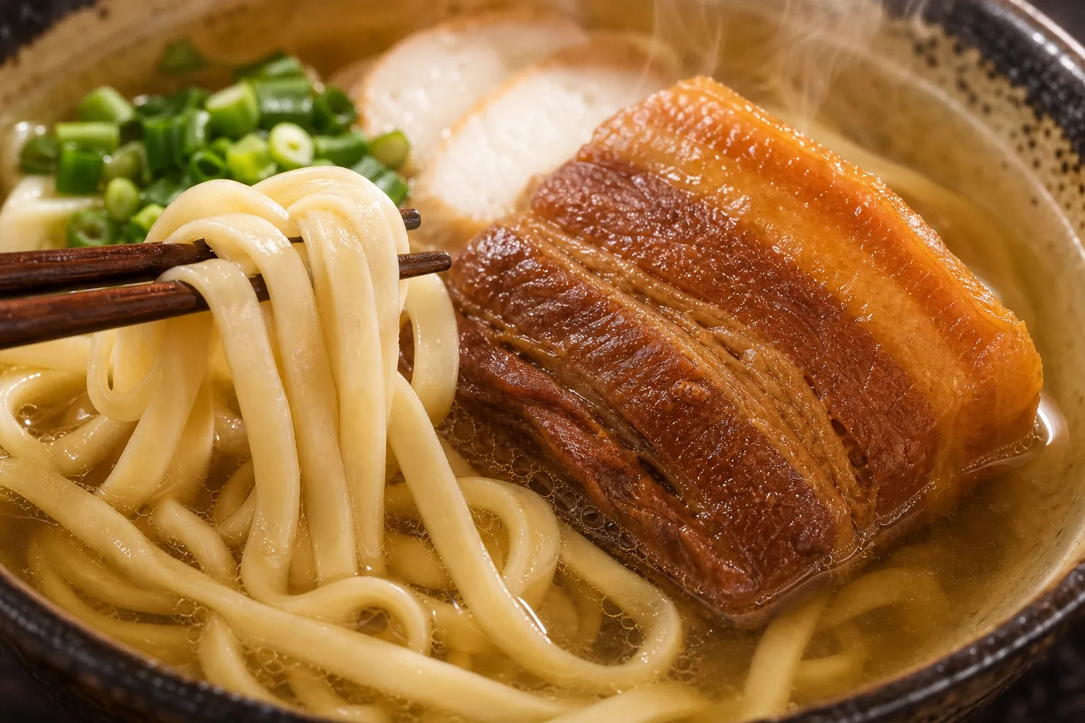 Close-up of Okinawa soba noodles and braised pork in golden broth