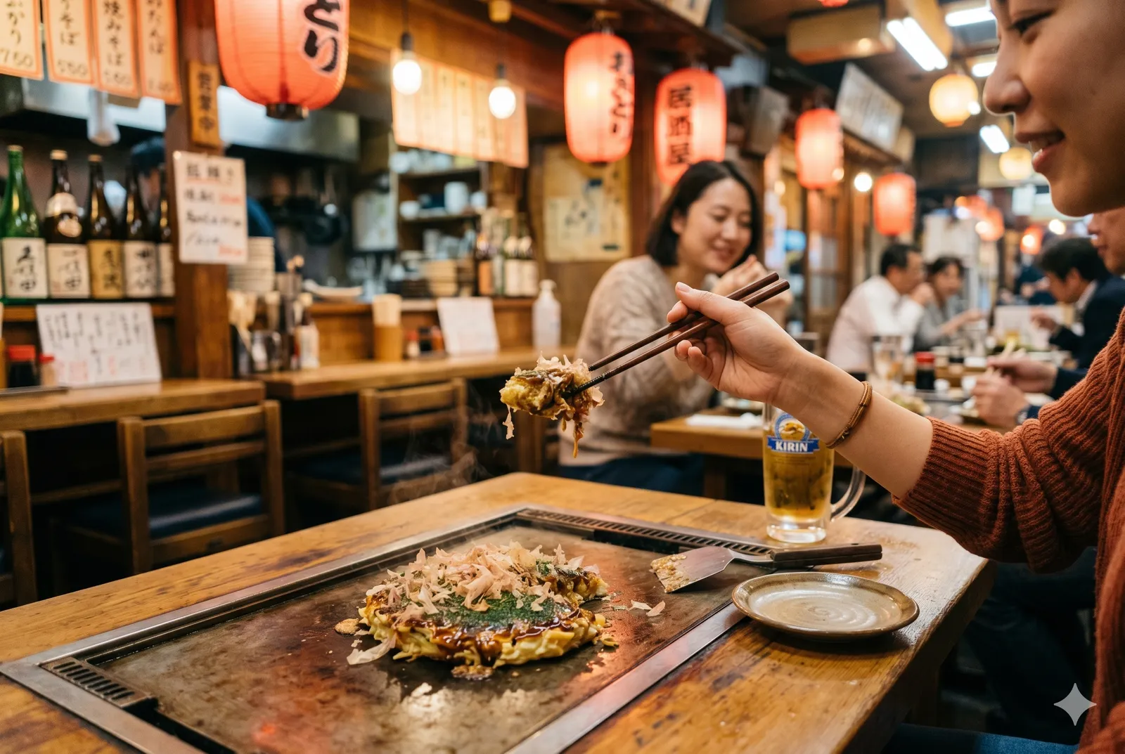 Okonomiyaki served in a typical setting