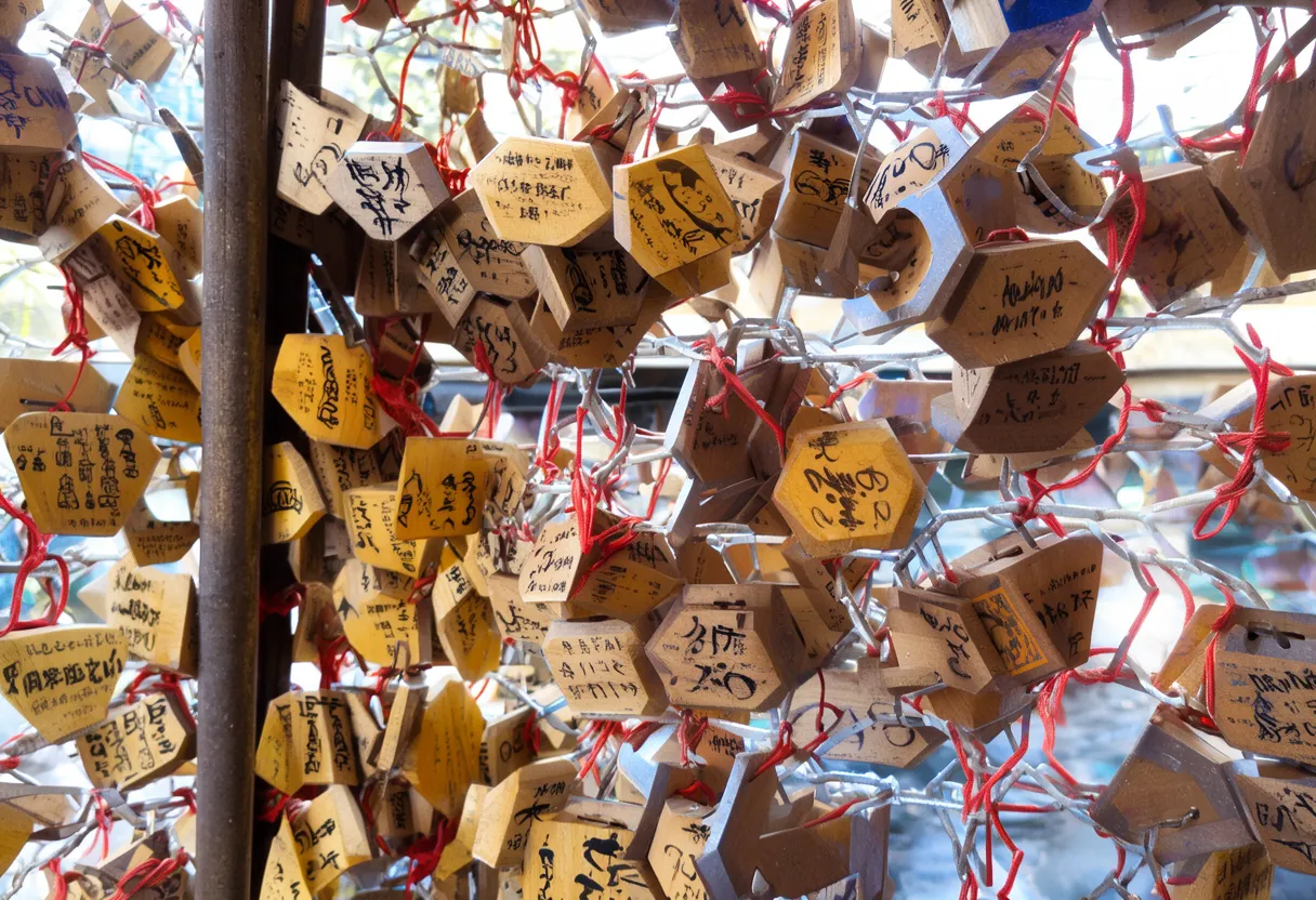 Rows of small wooden ema wish plaques hanging on a rack at a Japanese shrine