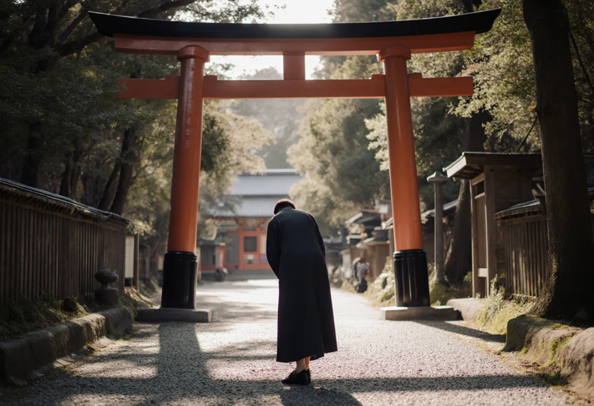 A visitor giving a small bow before passing under a vermilion torii gate, keeping to the side of the path