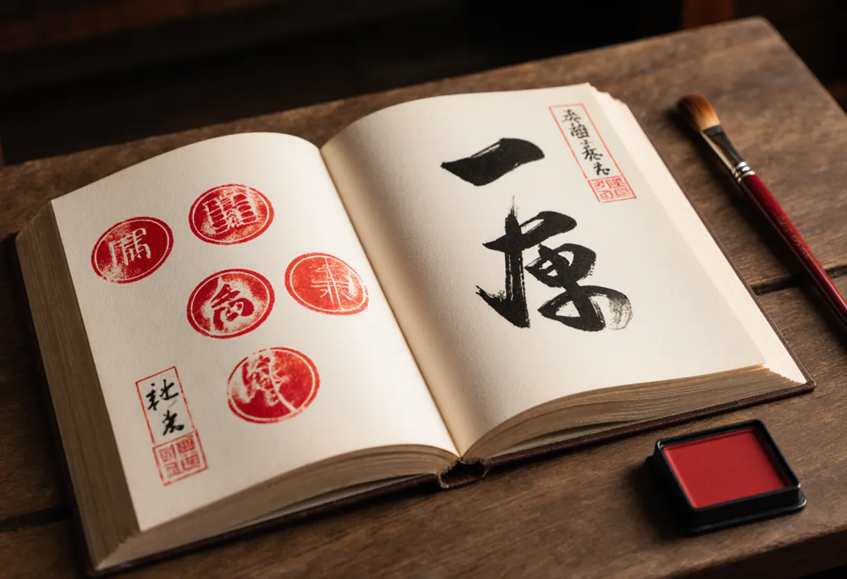 An open goshuin book with vermilion seal stamps and black brush calligraphy