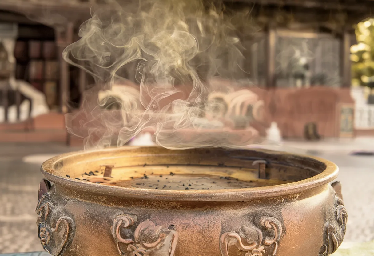 Incense smoke rising from a large bronze burner in front of a Buddhist temple