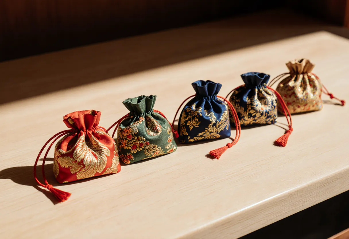 Colorful embroidered omamori protective charm pouches hanging at a shrine counter