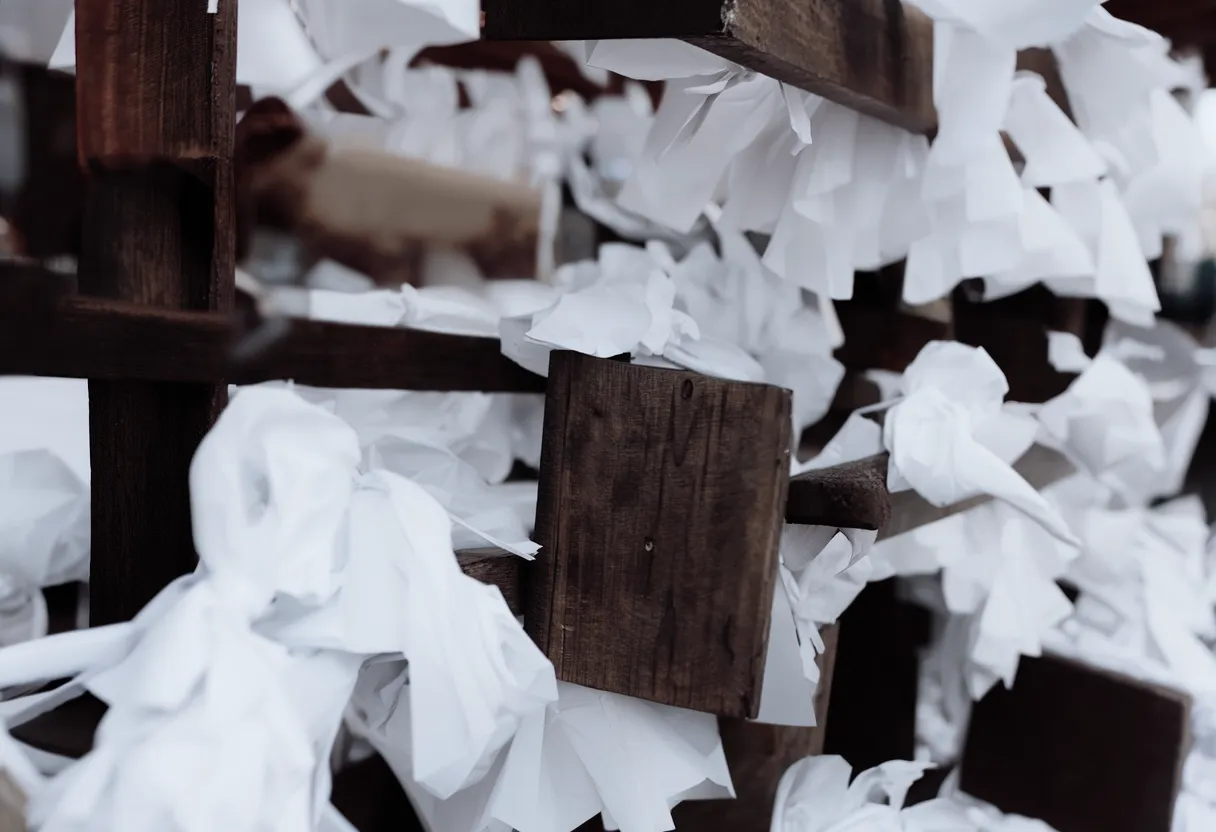 Rows of paper omikuji fortunes tied to a rack at a Japanese shrine