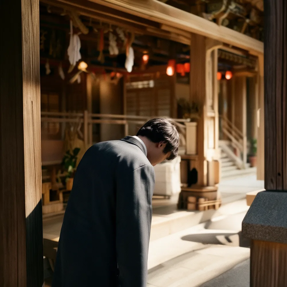 A person bowing deeply before the offering hall