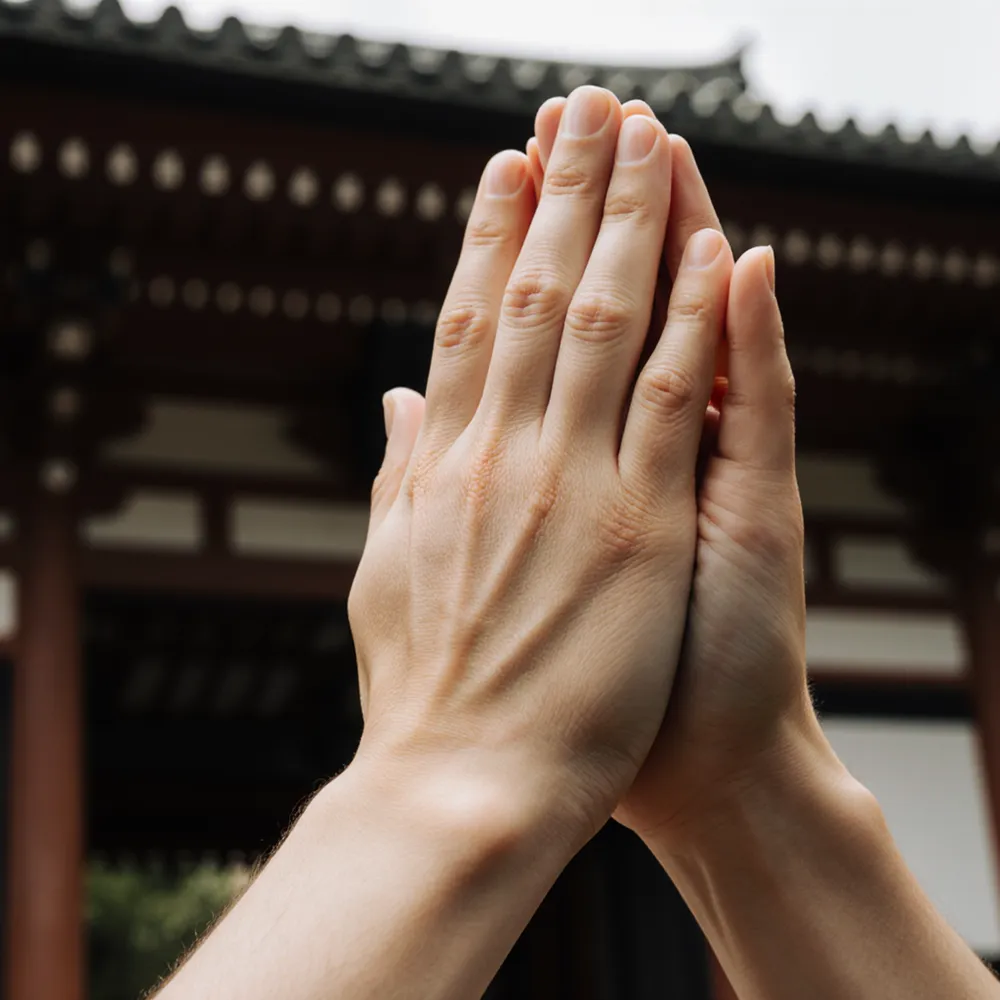Two hands clapping in prayer before the shrine