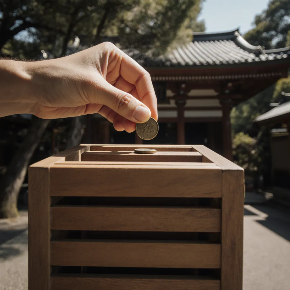 A hand dropping a coin into a wooden offering box