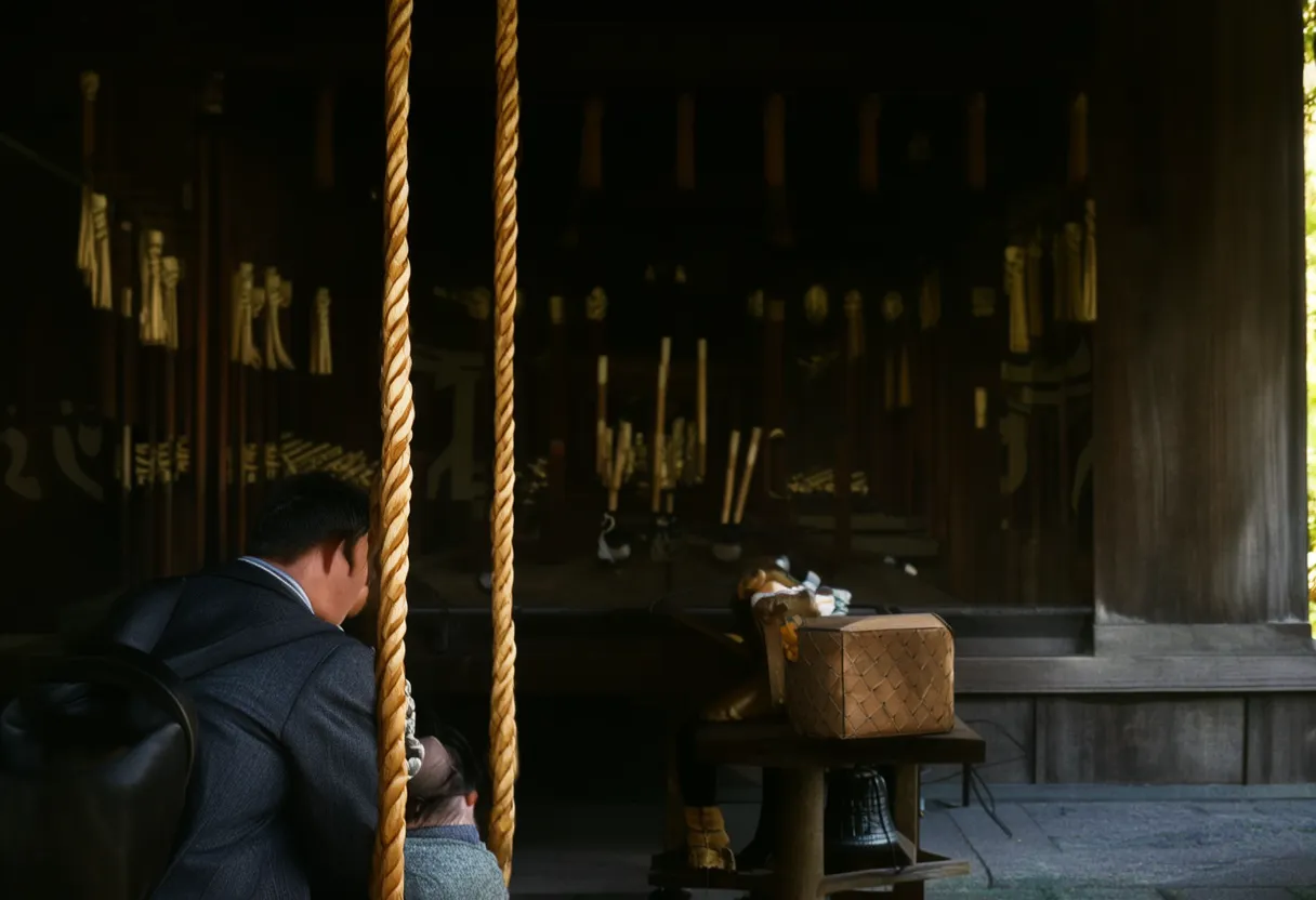 A visitor bowing in prayer before the offering hall of a Shinto shrine