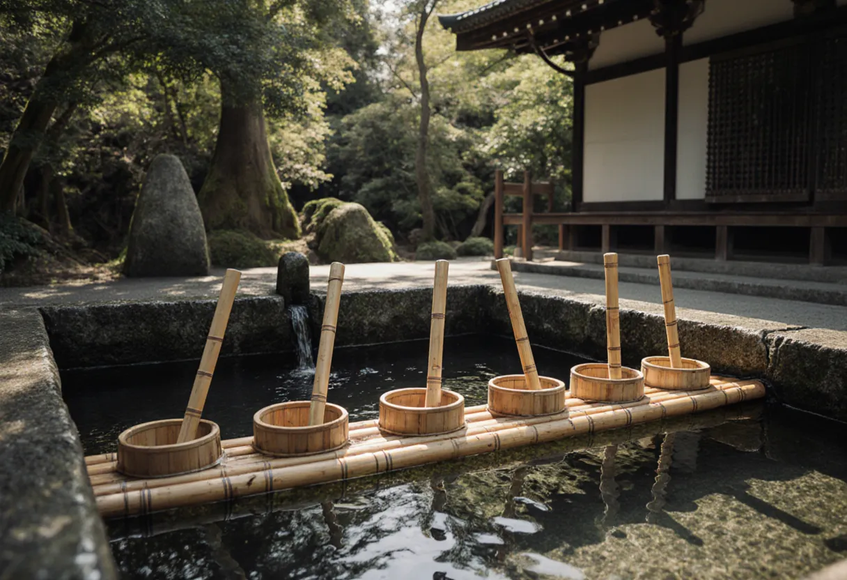 A stone water pavilion with bamboo ladles at a Japanese shrine for purifying hands before prayer