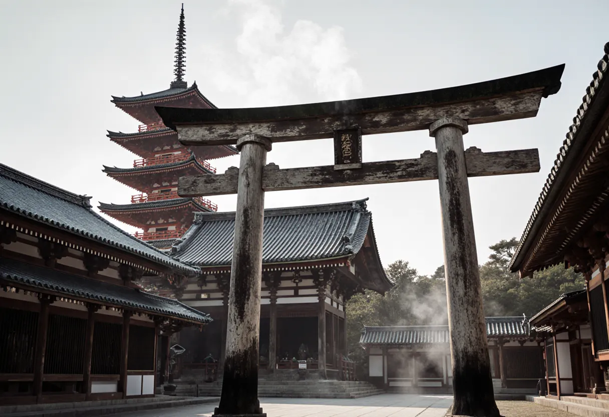 A Buddhist temple with a wooden sanmon gate and a pagoda