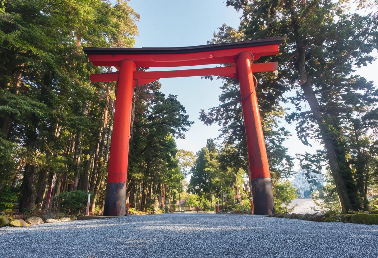 A vermilion torii gate marking the entrance to a Shinto shrine