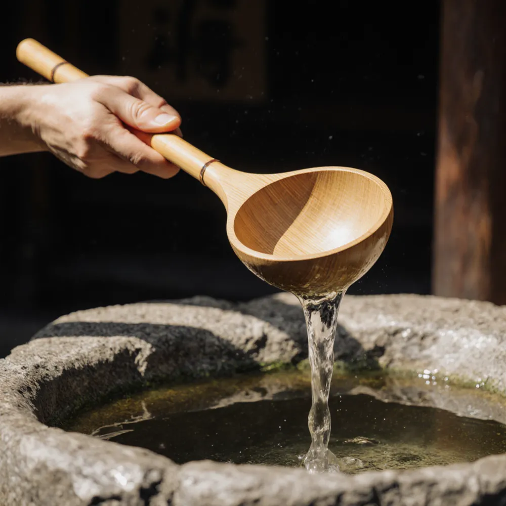 Tipping the ladle upright to rinse the handle