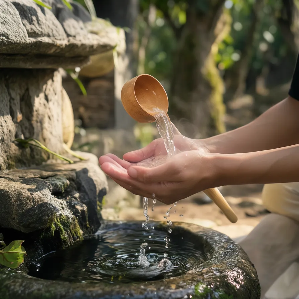 Water poured from a ladle over cupped hands