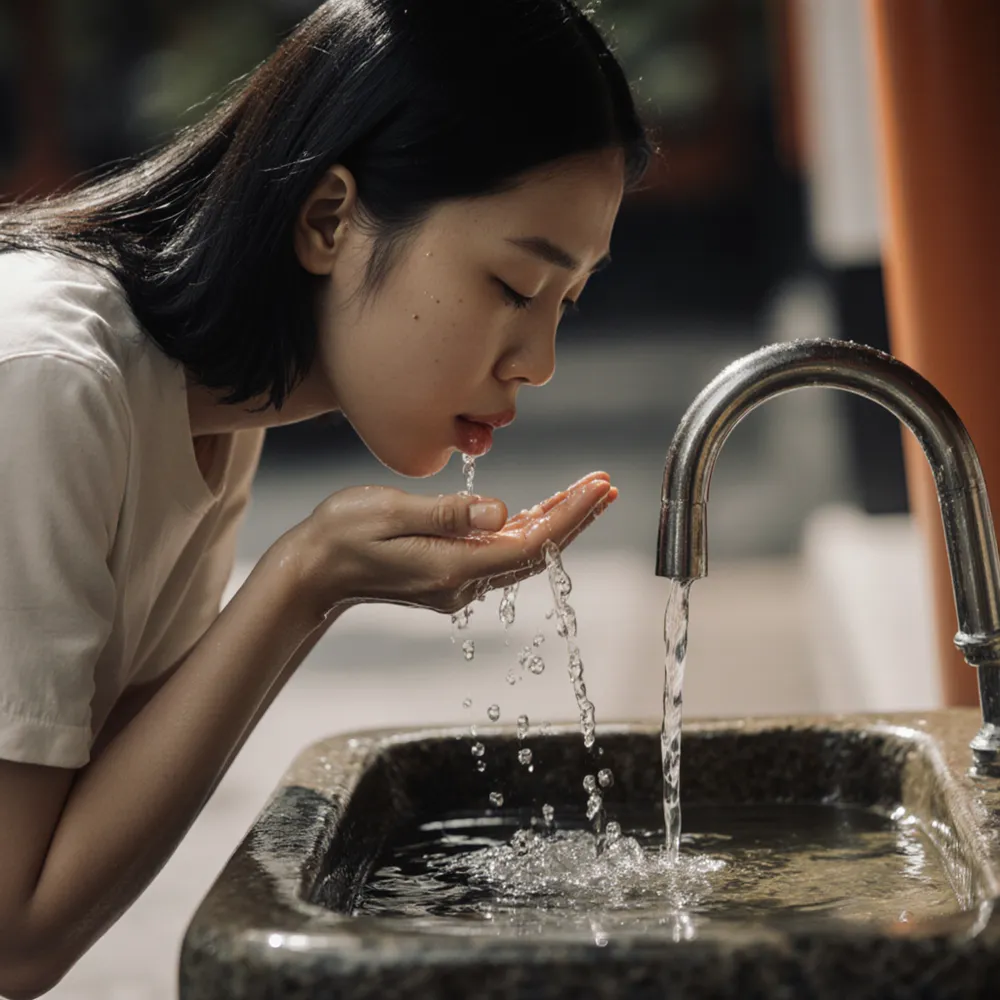 Pouring water into a cupped hand to rinse the mouth
