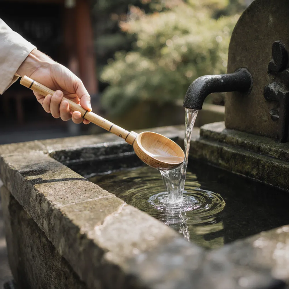 A hand scooping water from a stone basin with a bamboo ladle