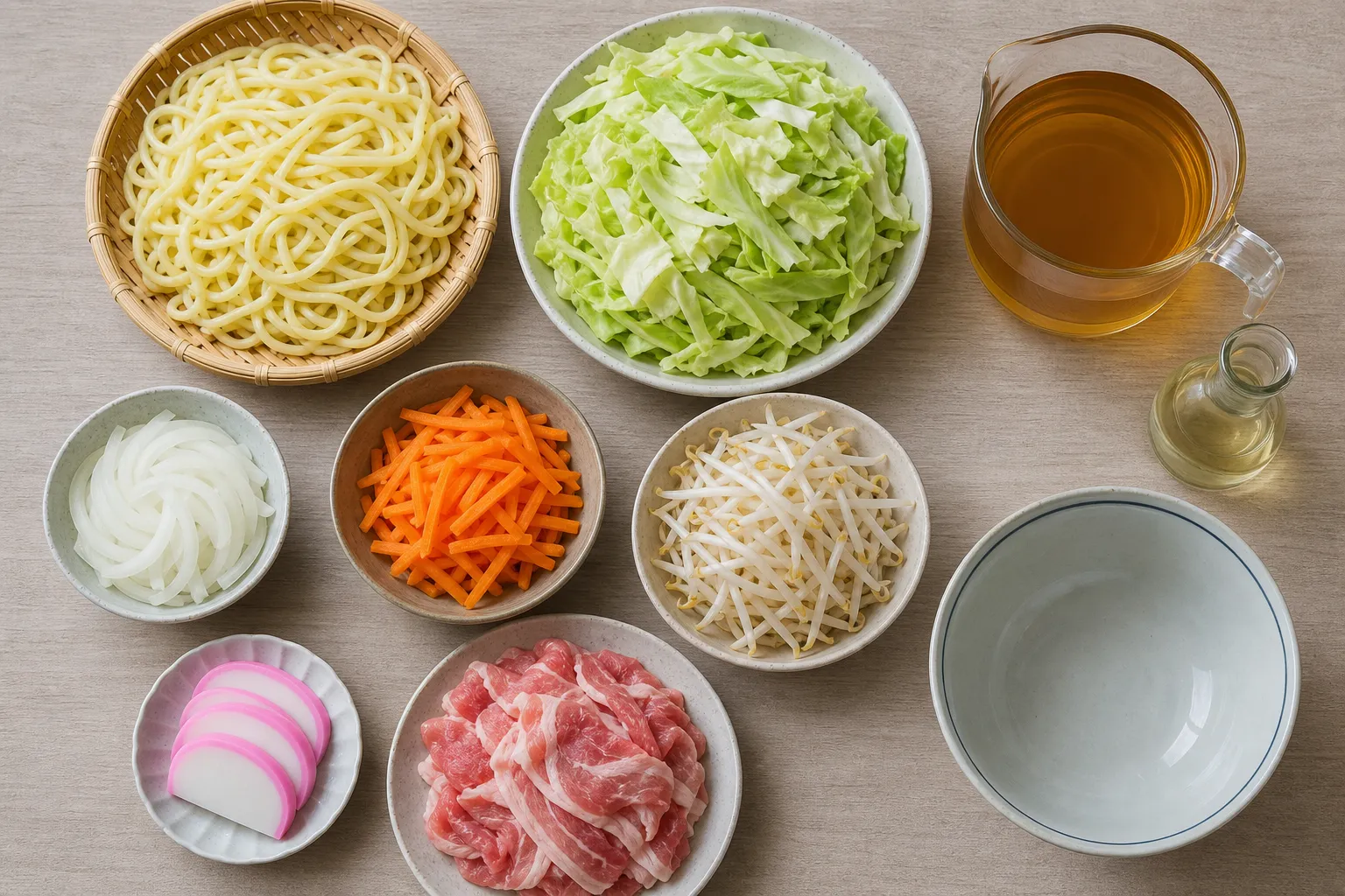 Champon noodles, raw vegetables, kamaboko, pork and a clear dashi broth laid out to make Omi champon