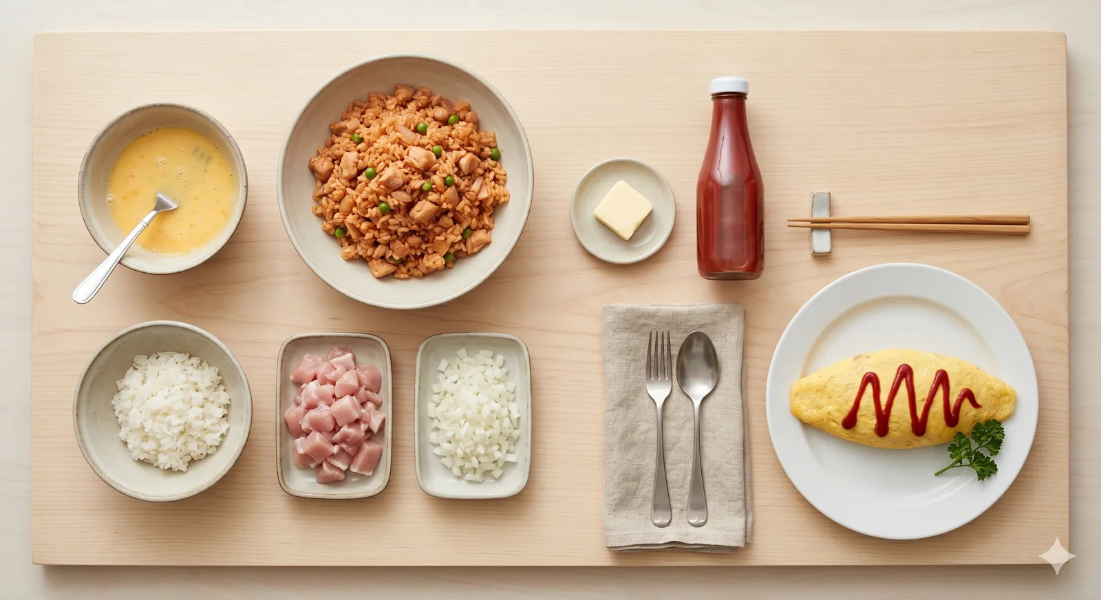 Top-down flat lay of omurice ingredients: beaten eggs, ketchup chicken rice, diced chicken, chopped onion, ketchup, butter and a finished omelet-wrapped omurice on a plate