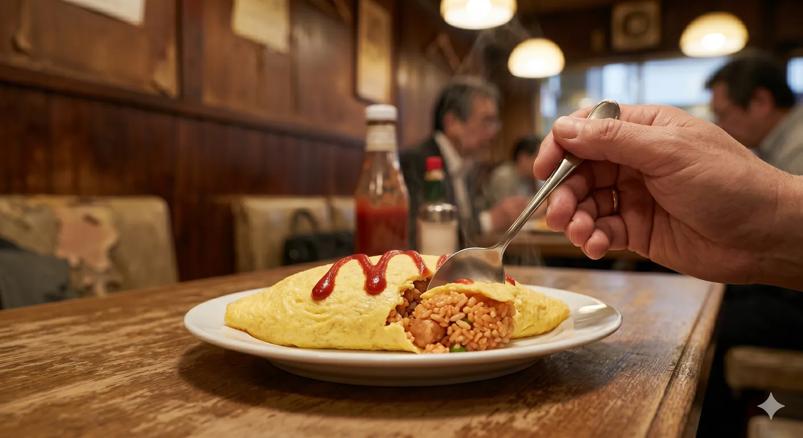 A diner digging a fork into a classic omurice, rice spilling from the soft egg, at a cozy retro Japanese yoshoku restaurant