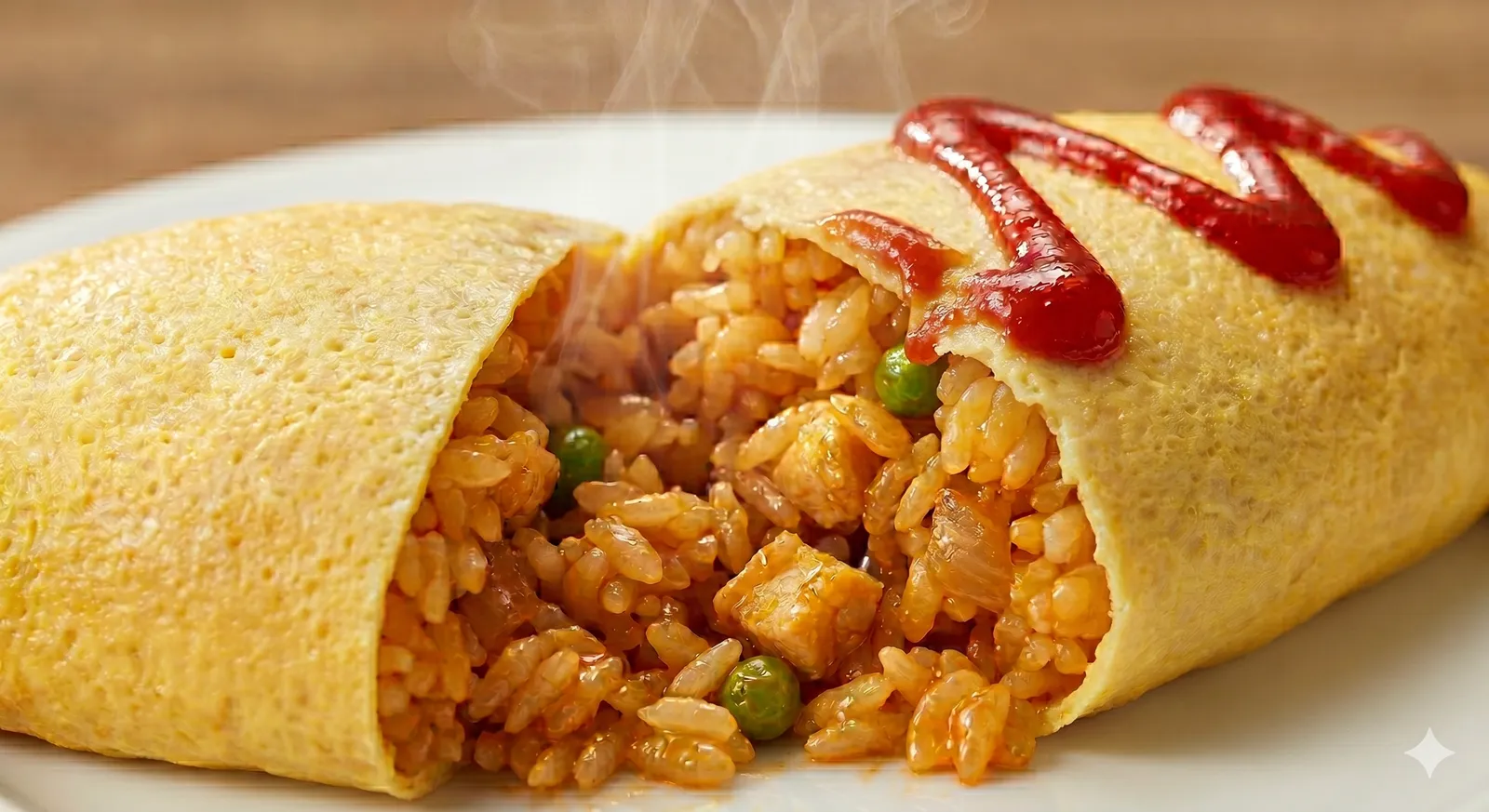 An omurice sliced open lengthwise so the golden ketchup chicken rice spills out from the soft thin egg omelet, with a red ketchup zigzag on top