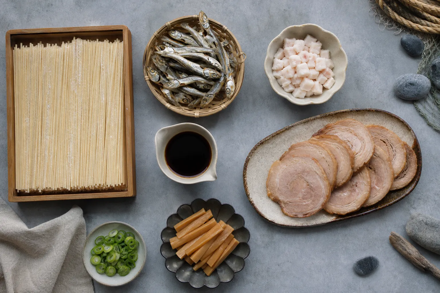 The ingredients of Onomichi ramen: small fish dashi, pork back-fat, flat noodles