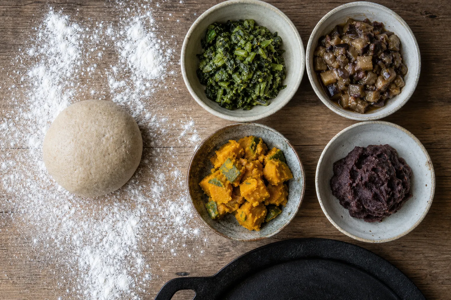 Buckwheat dough and fillings like pickled greens and eggplant miso laid out to make oyaki